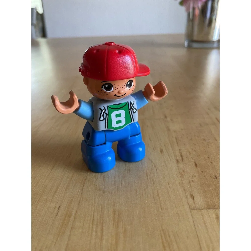 LEGO Duplo Boy Figure Red Baseball Cap Number 8 Jersey Blue Pants Freckles